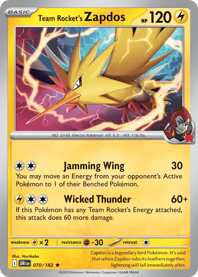 Team Rocket's Zapdos 70/182 Holo Rare - MissingNo.