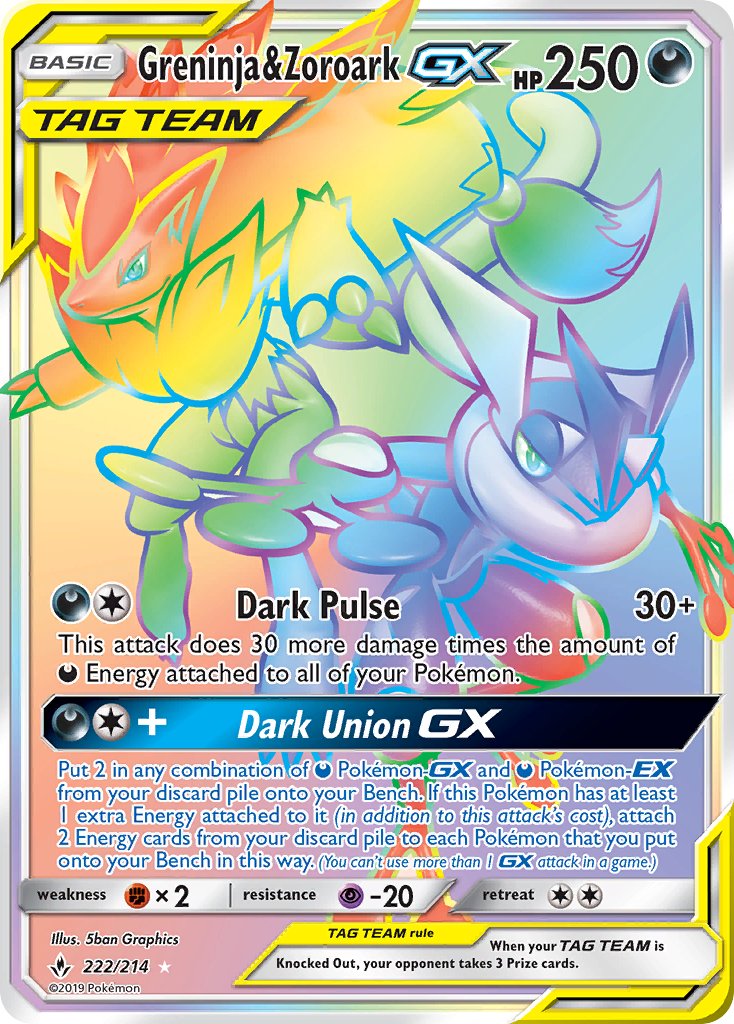Greninja & Zoroark GX 222/214 Rainbow Secret Rare GX