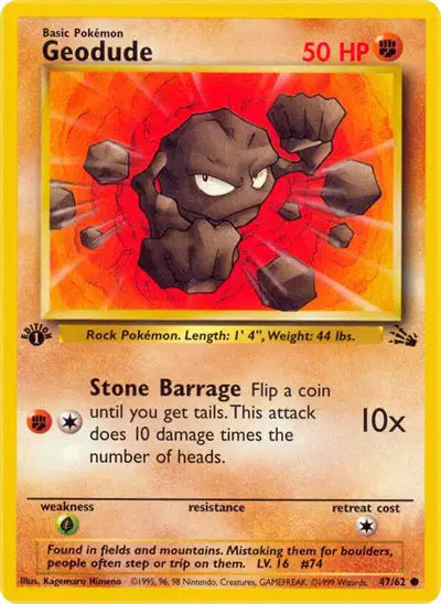 Geodude 47/62 1st Edition Fossil Pokemon Card Common WOTC 1999 LP - MissingNo.