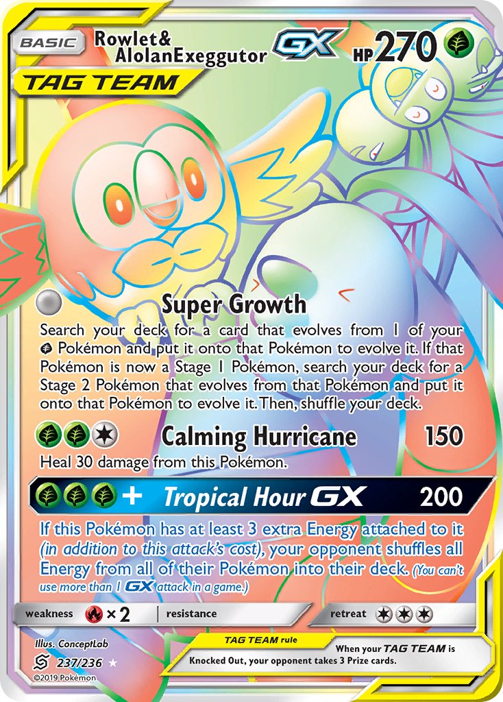 Rowlet & Alolan Exeggutor GX 237/236 Rainbow Secret Rare GX - MissingNo.