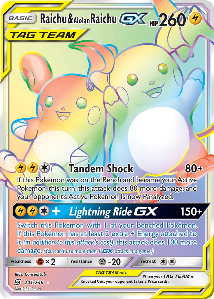Raichu & Alolan Raichu GX 241/236 Rainbow Secret Rare GX - MissingNo.