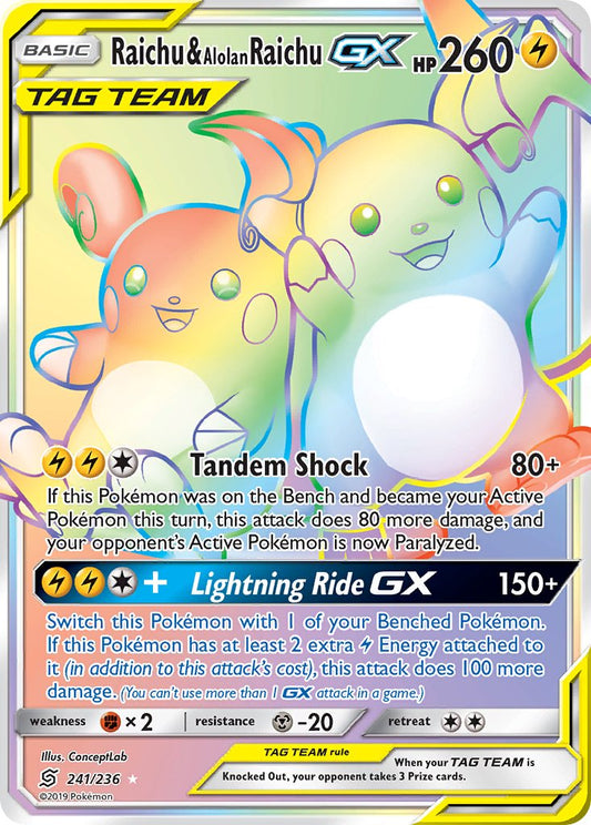 Raichu & Alolan Raichu GX 241/236 Rainbow Secret Rare GX - MissingNo.